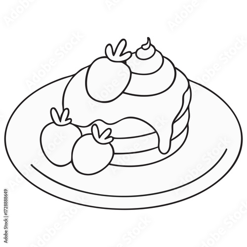 Pancakes with Strawberries and Cream Vector outline on white background