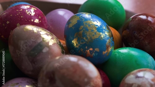 Colorful shiny Easter eggs close-up