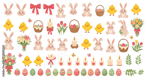 A charming collection of pixel art easter icons featuring bunnies chicks candles and eggs.