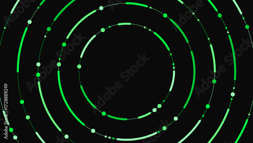 Abstract vector background with concentric rings and dots in neon green on black. Futuristic geometric design for tech, digital, blockchain, and creative projects.