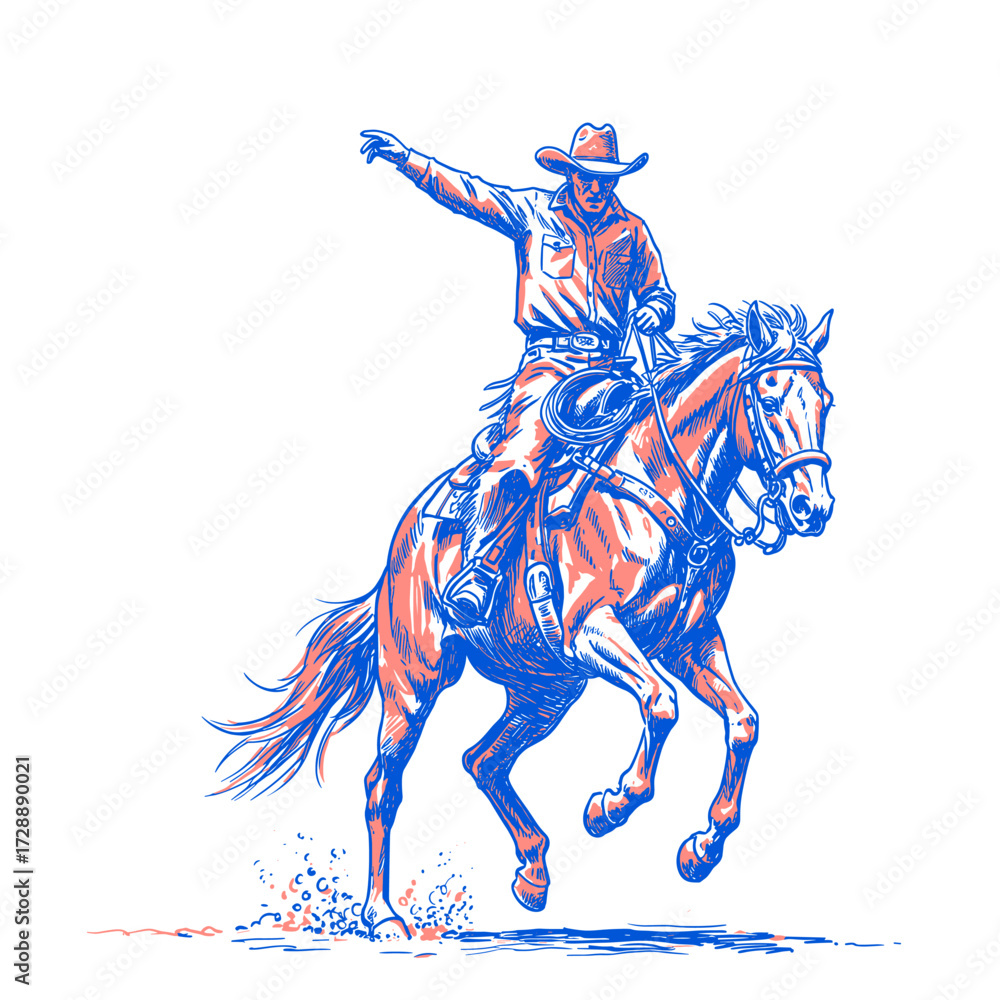 Fototapeta premium Wild West Rodeo Cowboy Illustration. Frontier Cowboy Spirit. Retro Western Rodeo Rider. A vintage illustration of rodeo cowboy. Cowboy action on bronco. Bronco Buster Rodeo Cowboy Action Sketch.