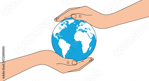 Two hands gently holding a blue globe representing the planet earth in a caring gesture.