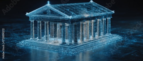 Stunning digital blueprint of a classic building with glowing lines and particles, perfect for finance, law, or architectural concepts.