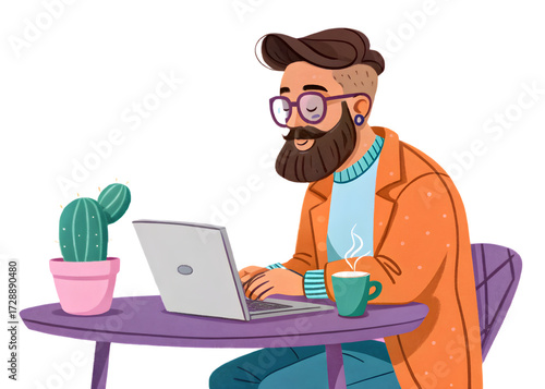 Young man working on laptop  on white background