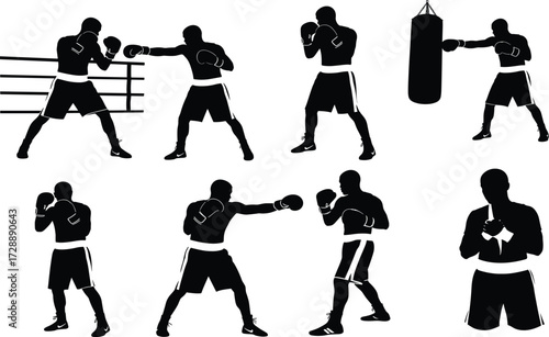 Boxing silhouette set featuring competitive and training poses with punching bag, ring, and gloves for sports and fitness design use