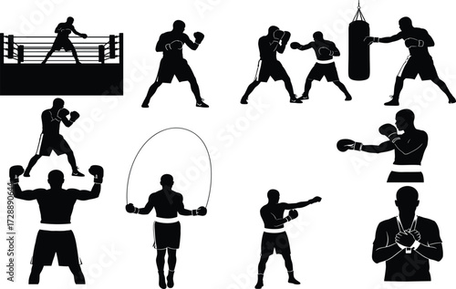 Boxing silhouette set featuring training, sparring, victory, and readiness poses for sports, fitness, and educational illustration and design use