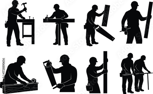 Carpentry silhouette set featuring woodworking tasks like hammering, sawing, measuring, and inspecting for construction and educational design use
