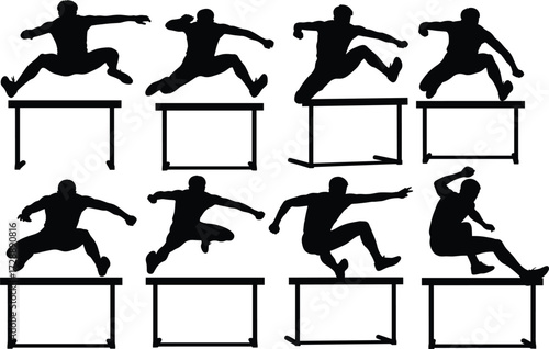 Hurdle jump sequence silhouette set featuring dynamic leap stages and athletic motion for sports, fitness, and educational design use