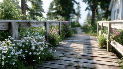 Wallpaper Mural Rustic Wooden Bridge Adorned with White and Pink Flowers Leading into a Verdant Forest Under Soft Lighting Scenery Torontodigital.ca