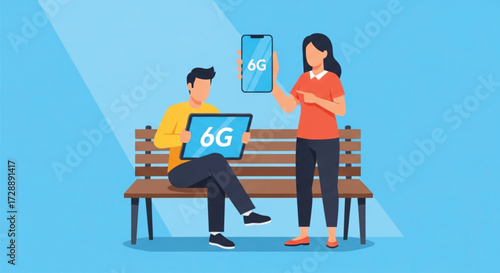 A man and a woman are sitting on a bench and holding devices with the 6G logo. They are smiling and looking at the devices. The background is blue and simple. Vector illustration.