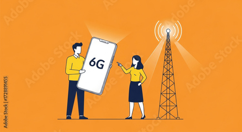 A vibrant illustration depicts a man and woman presenting 6G technology alongside a cell tower, set against a bright orange background, symbolizing future connectivity. Vector illustration.