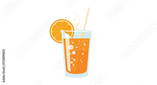 A refreshing glass of bubbly orange juice with a slice of fruit and a straw offers a healthy and delicious drink option.