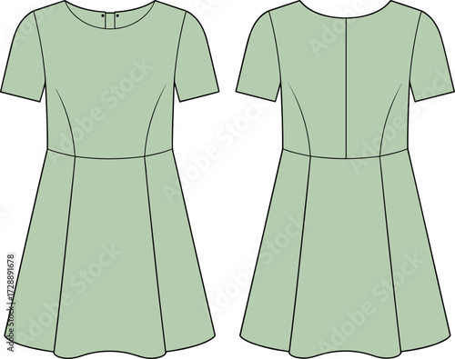Technical fashion sketch of A-line dress with princess seams, flared skirt, and button closure for apparel and educational design use