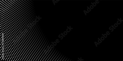 Dark curved wavy halftone pattern in white on the left over black background, creating depth, ideal for modern, minimal, and tech-inspired designs. Modern style visual template with large copyspace.