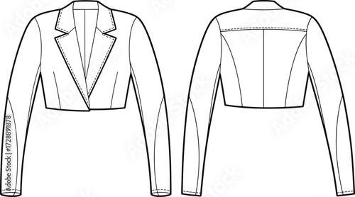 Technical fashion sketch of cropped blazer jacket with notched lapel, deep V-neckline, princess seams, and sleeve paneling for design use