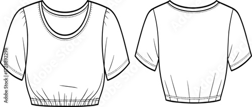 Technical fashion sketch of cropped short-sleeve top with scoop neckline and gathered hem for casualwear construction and educational design use