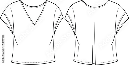 Technical fashion sketch of cropped short-sleeve top with V-neck front, cuffed sleeves, and back slit hem for apparel design use