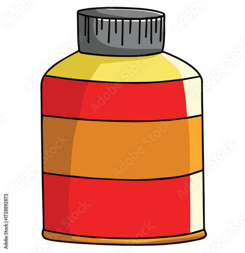 Cute cartoon hand drawn vector Medical red and yellow bottle clipart.