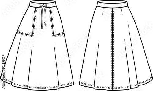 Technical fashion sketch of flared skirt with patch pockets, drawstring waistband, and panel seams for apparel and educational design use