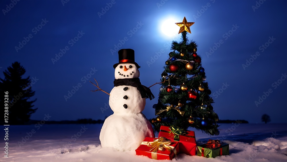 Obraz premium Festive snowman and decorated christmas tree under a full moon on a snowy night