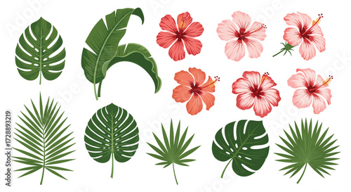 A vibrant collection of tropical leaves and hibiscus flowers.
