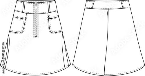 Technical fashion sketch of flared skirt with zipper fly, curved panel seams, front pockets, and yoke back for design use