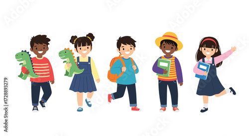 A diverse group of cheerful young children dressed for school carrying books and toys.