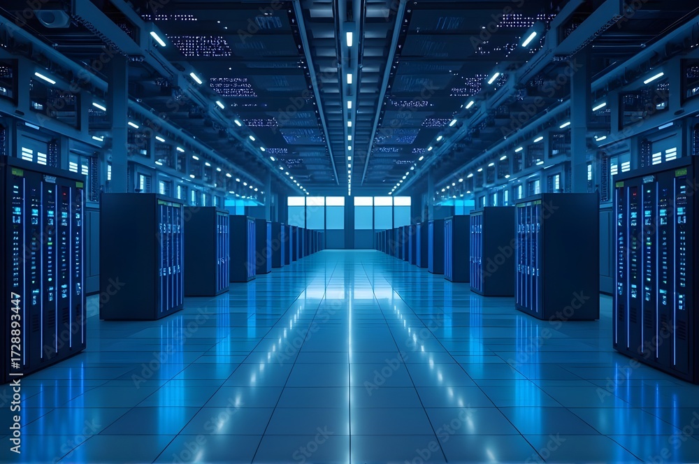 Fototapeta premium Futuristic Data Center Interior with Rows of Server Racks and Striking Blue Illumination, Reflective Flooring, and Technology Infrastructure