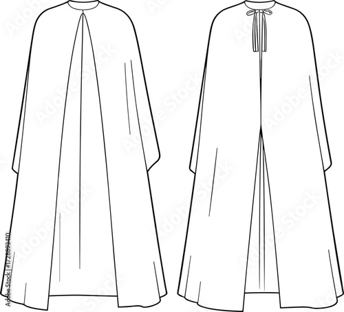 Technical fashion sketch of full-length cloak with bow closure, wide sleeves, and elegant silhouette for costume and educational design use