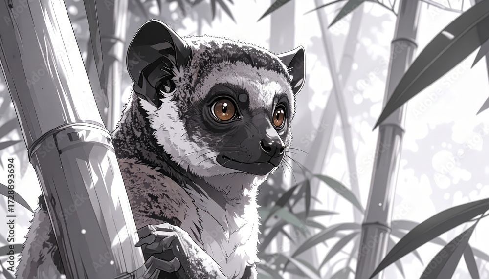 Fototapeta premium A charming lemur with large, captivating brown eyes gazes amidst a bamboo forest scene.