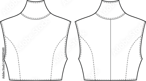 Technical fashion sketch of high-neck sleeveless bodices with princess seams and collar variations for apparel and educational design use