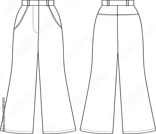 Technical fashion sketch of high-waisted wide-leg pants with belt loops, fly front, and yoke seam for apparel design use