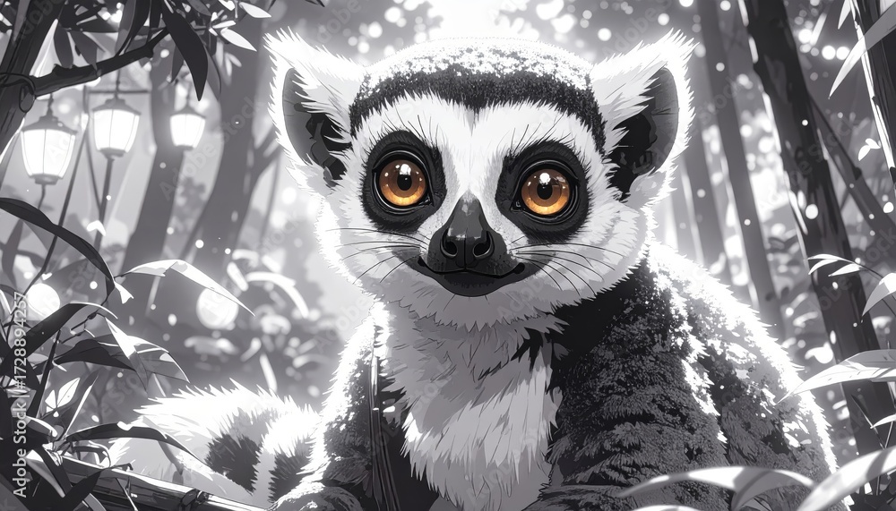 Obraz premium A cute lemur stares intently with its captivating golden eyes in a grayscale forest.
