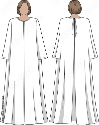 Technical fashion sketch of long robe with tie closure, wide sleeves, and pleated back for costume and educational design useTechnical fashion sketch of long robe with tie closure, wide sleeves, 
