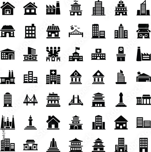 Collection of diverse architectural building icons and silhouettes