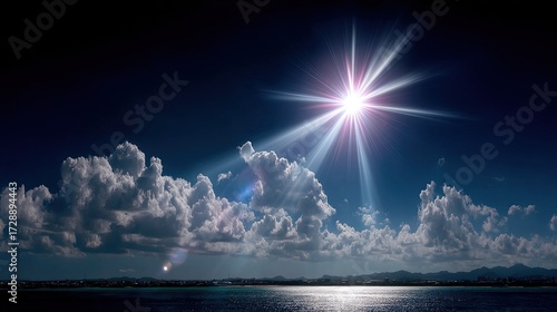 Dramatic Sunlight Burst Through Fluffy Clouds Over Still Dark Ocean at Night