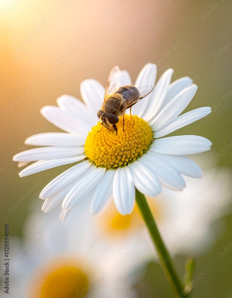 Obraz premium Bee on a daisy in soft sunlight