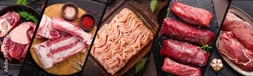 collage of various fresh meat, web banner for market, cafe
