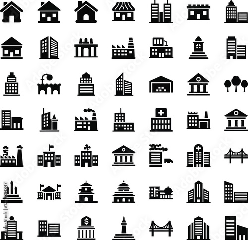 Collection of diverse building icons representing various structures