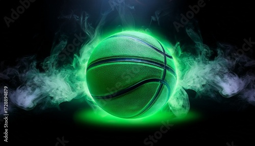 a glowing green basketball on a black background with smoke