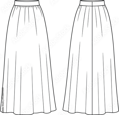 Technical fashion sketch of pleated skirt with fitted waistband, vertical pleats, and center back seam for apparel construction design use