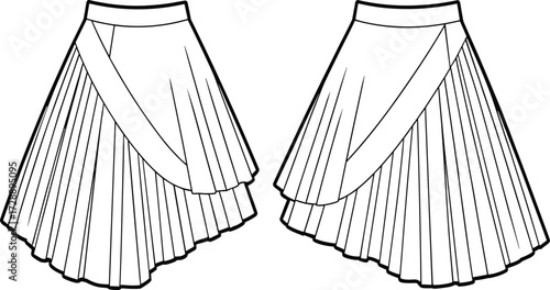 Technical fashion sketch of pleated skirts with asymmetrical wrap panels for apparel construction, costume design, and educational illustration use