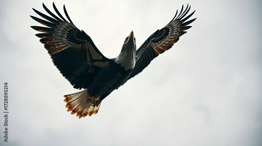 Obraz premium A low-angle perspective shot of an eagle flying majestically, looking upwards with dramatic framing