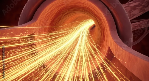 Futuristic medical illustration of blood flow inside human artery with glowing energy particles, cardiovascular system, anatomy science, healthcare innovation, cardiology and circulation biology