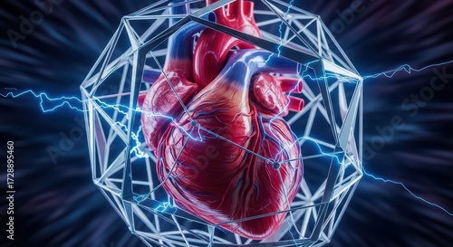Futuristic medical illustration of human heart with arteries and veins, cardiology concept, cardiovascular system, anatomy science, healthcare innovation and biotechnology for medical research