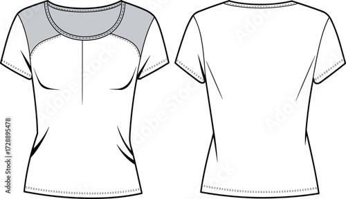 Technical fashion sketch of short-sleeve scoop-neck top with raglan sleeves, princess seams, and bust pleat for apparel design use