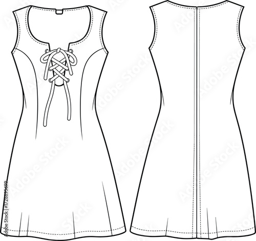 Technical fashion sketch of sleeveless A-line dress with scoop neckline, lace-up front, and princess seams for apparel design use