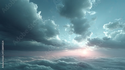 Dramatic Sky Above Clouds with Sunlight Breaking Through Dark Cinematic Clouds and Fog Smoke Texture in a Panoramic Aerial View