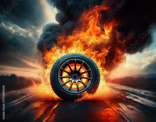 Wallpaper Mural a spectacular image of a tire engulfed in flames generating thick black smoke against a dramatic sky Torontodigital.ca