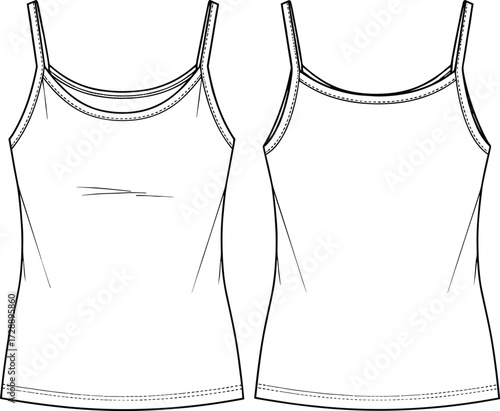 Technical fashion sketch of sleeveless camisole top with scoop neckline, bust dart, and clean back for apparel design use